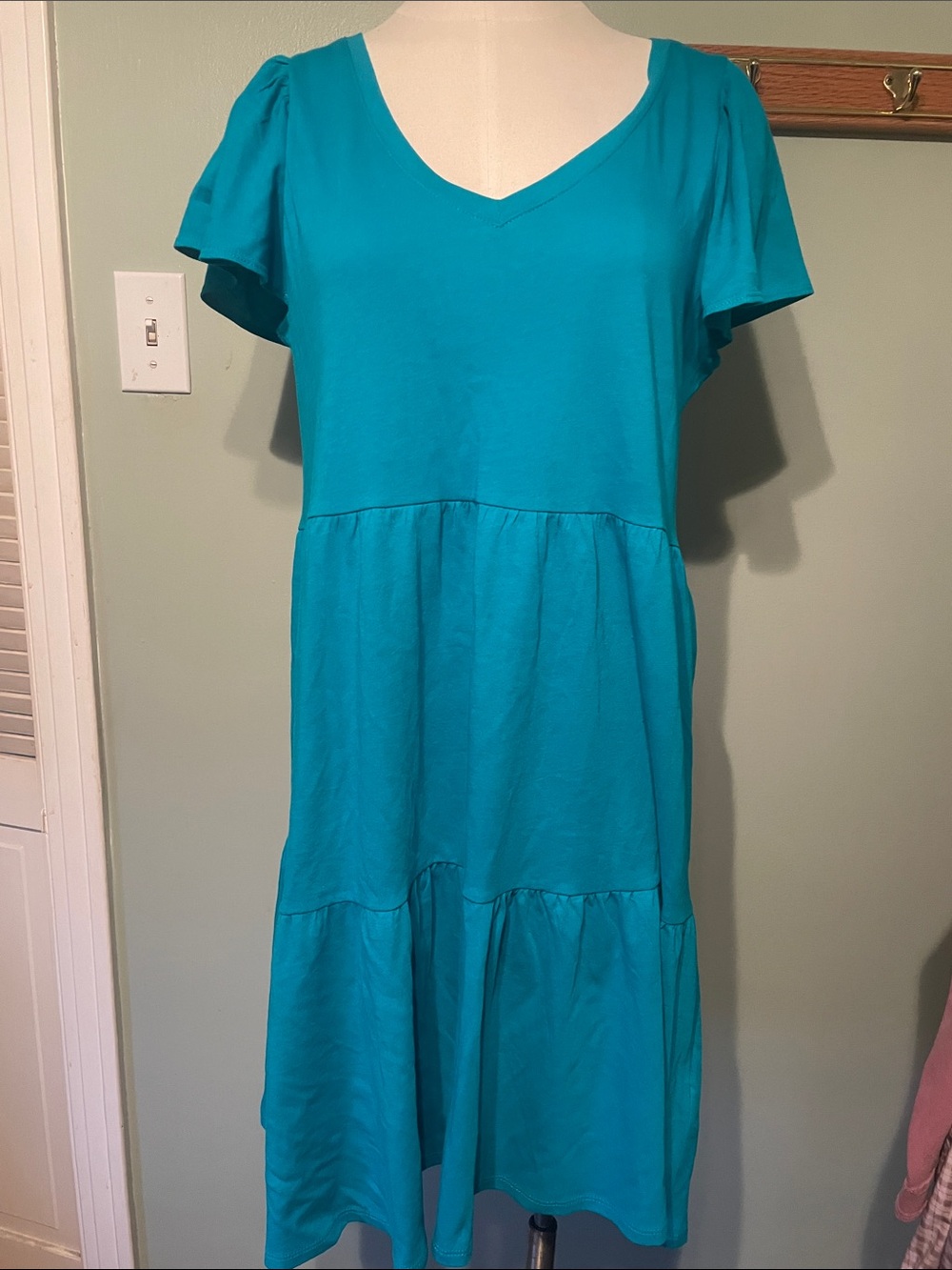 J. Crew Teal V-Neck Tiered Midi Dress